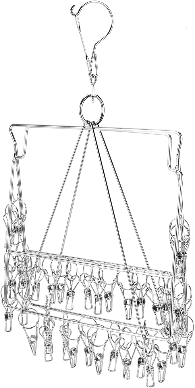 Folding Clothes Drying Hanger 36 Clips Stainless Steel Space-Saving Dryer Rack Washline with Peg for Sock, Underwear, Baby Clothes, Diapers and Hanging Small Washes