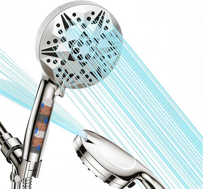 Filtered High Pressure Handheld Shower Head – 10 Spray Modes with Rain & Massage, Built-in Filter for Cleaner Water, Anti-Clog Nozzles, Power Rinse for Tile & Pets, Chrome Finish