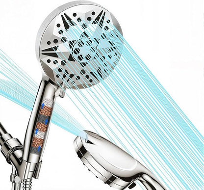 Filtered High Pressure Handheld Shower Head – 10 Spray Modes with Rain & Massage, Built-in Filter for Cleaner Water, Anti-Clog Nozzles, Power Rinse for Tile & Pets, Chrome Finish