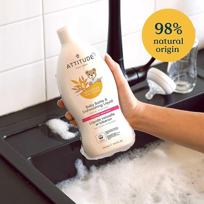 ATTITUDE Baby Bottle & Dish Soap with Oat Extract, EWG Verified Bottle Cleaner For Sensitive Skin, Fragrance Free & Dye Free, Removes Milk Residue & Grease, Vegan, Unscented, 23.7 Fl Oz (Pack of 9)