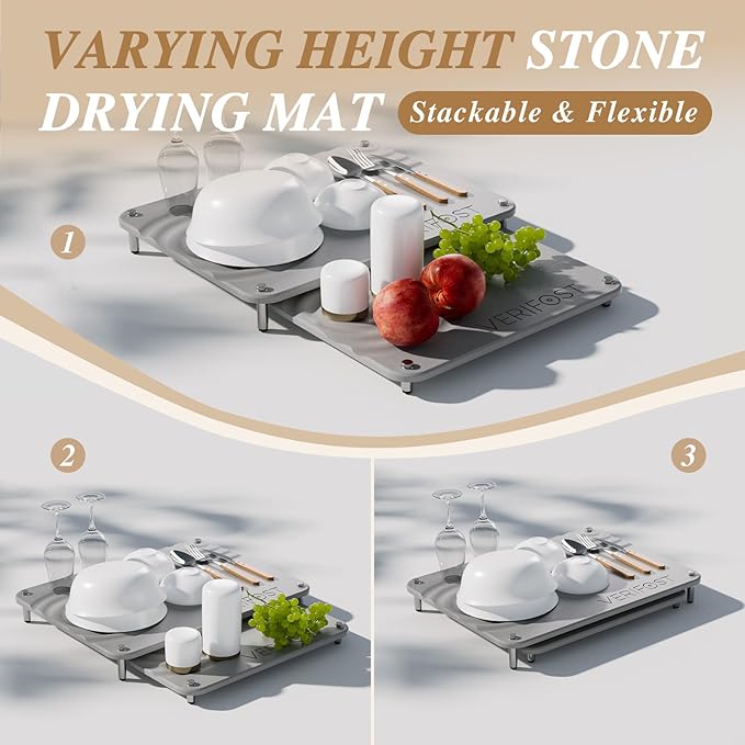 VERIFOST 2pcs Large Stone Dish Drying Mat with Acacia Wood Holder Stand for Cutting Board and Stone Drying Mat for Kitchen Counter Quick Dry Diatomaceous Earth Mat for Kitchen Counter, Moonlight Gray