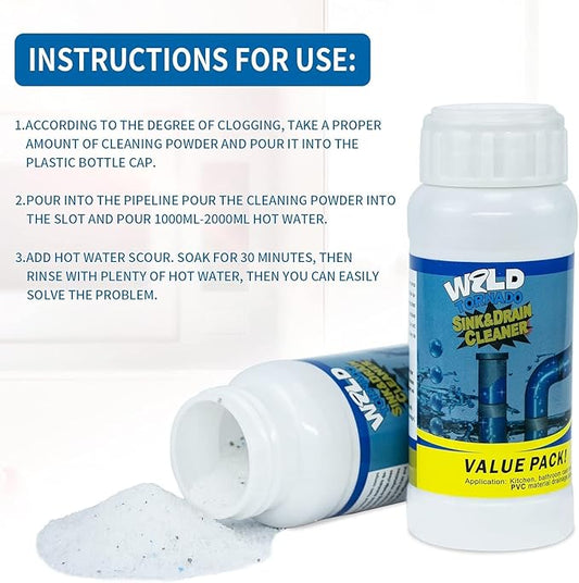Wild Tornado Pipe Dredge,Powerful Sink Cleaner Powder Fast Foaming for Kitchen Toilet Pipeline Quick Cleaning Tool（2pcs）
