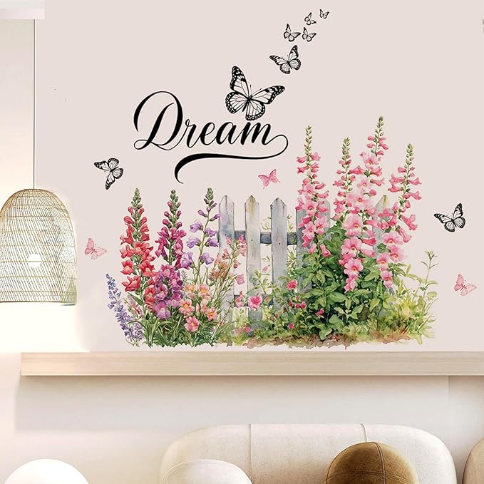 Romantic Bellflowers Fence Decals Floral Wall Decor, Campanula Fence Flowers Stickers Wall Art Murals, Flower Pattern Self-Adhesive Stickers for Girls Bedroom Bathroom Door Nursery Decor