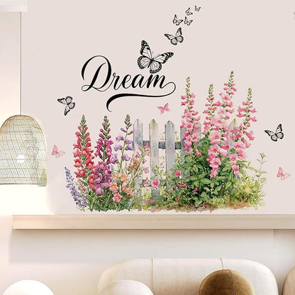 Romantic Bellflowers Fence Decals Floral Wall Decor, Campanula Fence Flowers Stickers Wall Art Murals, Flower Pattern Self-Adhesive Stickers for Girls Bedroom Bathroom Door Nursery Decor