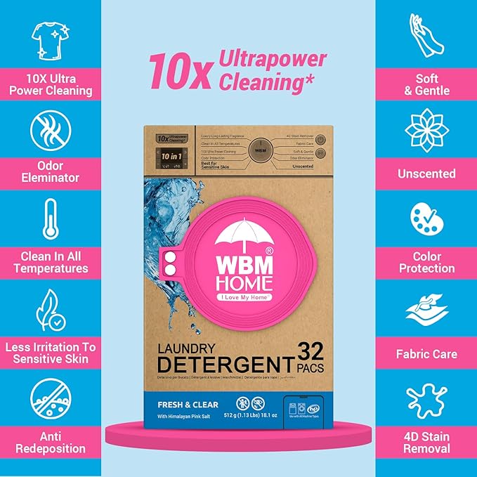 WBM Home Laundry Detergent Pods, 32 Count | Fresh & Clear Unscented | Laundry Pods 10x Ultrapower Cleaning With Color Protection and Eco-Friendly Packaging
