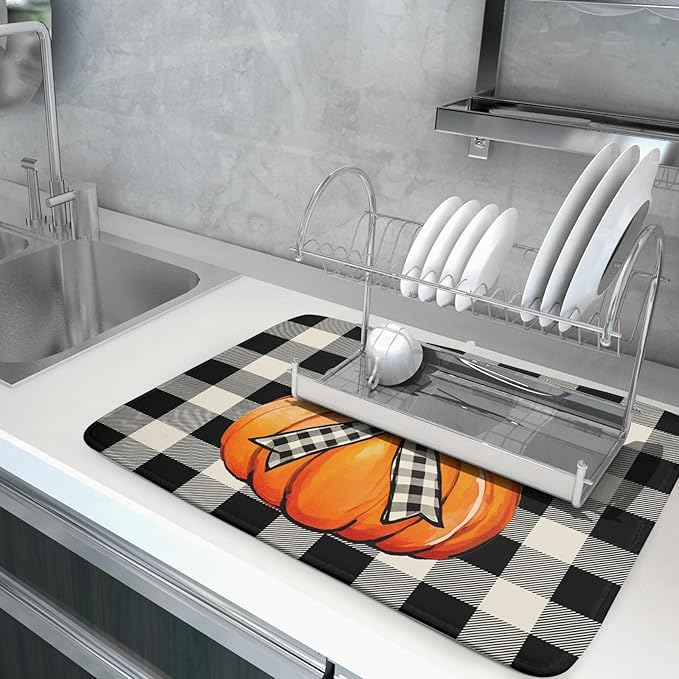Fall Thanksgiving Pumpkin Dish Drying Mat for Kitchen Counter 18x24 Autumn Buffalo Plaid Bowknot Print Absorbent Reversible Microfiber Drying Mats Kitchen Countertop Protector Dishes Drainer Pad