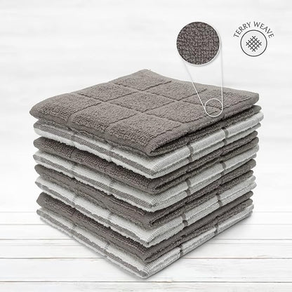 100% Cotton Terry Dish Cloth & Dish Towel, 8 Pack, Super Soft and Absorbent Kitchen Towels, Perfect for Kitchen Cleaning and Dish Washing (Grey (Solid and Checks) 8 Pack)