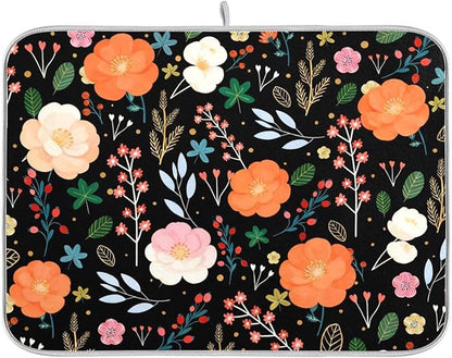 Large Drying Matt for Kitchen Counter Colorful Flowers Microfiber Dish Drying Pad for Dishes Sink Countertop 18'' x 24''