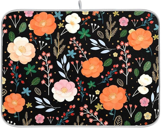 Large Drying Matt for Kitchen Counter Colorful Flowers Microfiber Dish Drying Pad for Dishes Sink Countertop 18'' x 24''