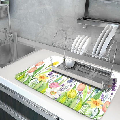 Aportt Spring Floral Dish Drying Mat With Absorbent Reversible Microfiber Watercolor Tulip Lavender Flower Drying Mats 18 x 24 Inch Dish Drainer Mat Fast Dry For Kitchen Dining Room