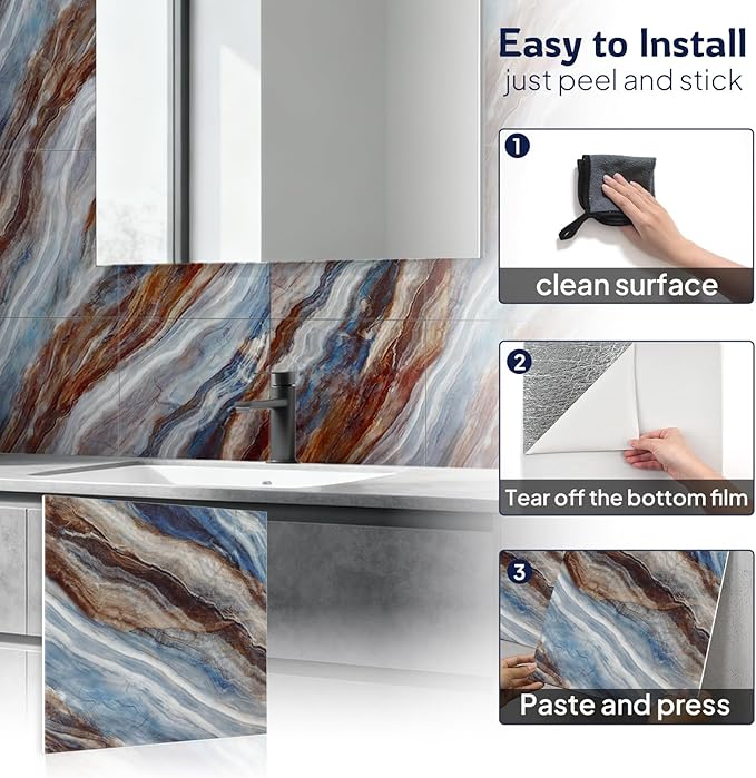 Marble Peel and Stick Backsplash Tile, 11.8" x 11.8" Self-Adhesive Waterproof Wall Panels for Kitchen, Bathroom, Living Room, 30-Pack (Not Real Tile)