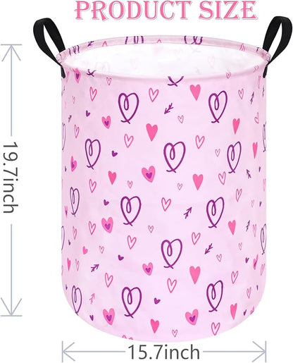 19.7" Round Pink Valentine's Day Laundry Clothes Hamper Laundry Basket with Handles,Storage Organizer Bins Laundry Gift Basket for Room, Bedroom Decor