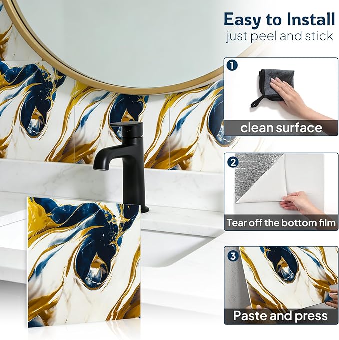 Peel and Stick Wall Panels, Self-Adhesive Waterproof Tile Look Wallpaper, Blue and Gold Marble Design, 2.4mm Thick, 30 Sheets