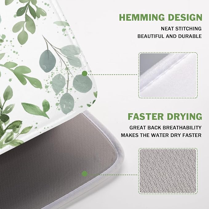 Spring Summer Sage Green Leaves Dish Drying Mat 18 x 24 Inch Spring Eucalyptus Leaf Dish Drainer Rack Mat Absorbent Microfiber for Holiday Kitchen Coffee Dining Bar Decor