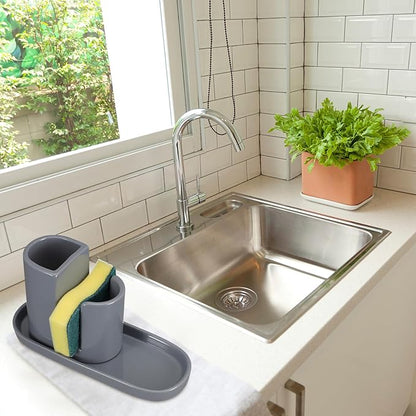Geelin 3 in 1 Ceramic Kitchen Sink Caddy Dish Sponge Holder Scrub Brush Holder and Soap Tray for Kitchen Organizer Rustic Farmhouse Supplies (Gray)