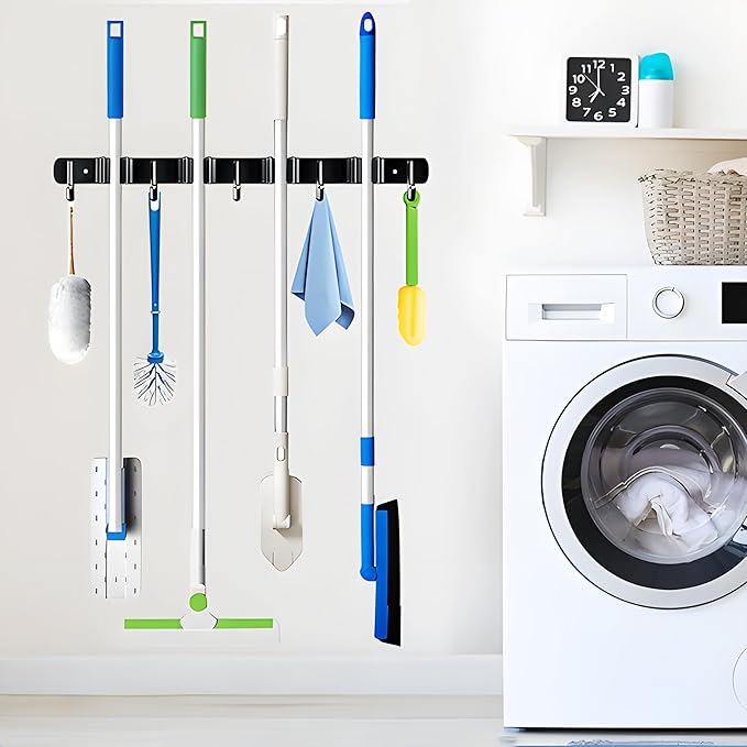 Wall Mount Broom Holder | Heavy Duty Stainless Steel Mop Organizer with 4 Racks & 5 Hooks for Kitchen, Bathroom, Garage, Garden & Laundry | Space Saving Black Wall Mounted Cleaning Tool Rack | 1 Pack