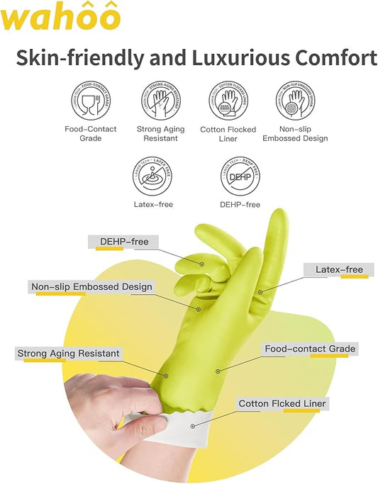 wahoo 3 Pairs Skin-Friendly Cleaning Gloves, Cotton Flocked Lined Dishwashing Gloves, Reusable, Non-Slip, Waterproof, Bud Tender, Small