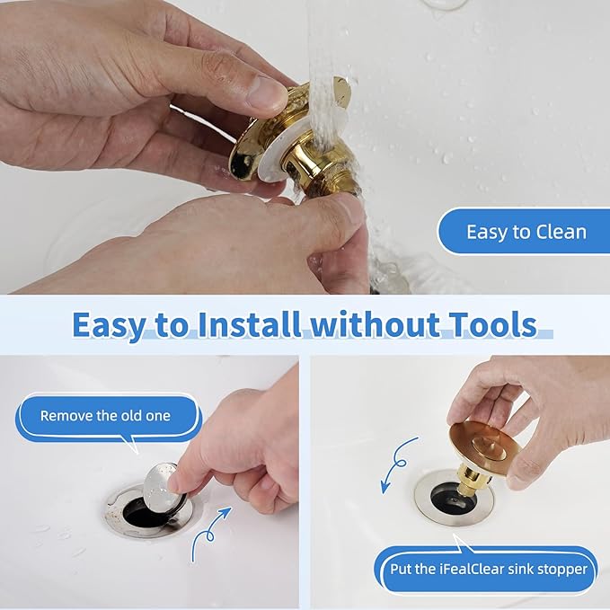 iFealClear Metal Universal Bathroom Sink Stopper, Upgraded Stainless Steel Sink Drain Strainer for 1.1''~2.36" Basin Pop Up Drain Strainer, Anti-Clogging Filter Basket, Brushed Gold