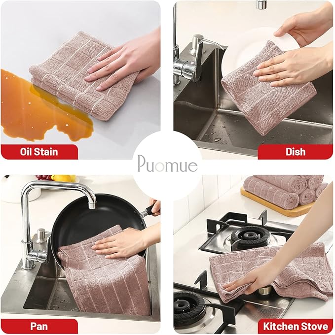 Microfiber Kitchen Towels and Dishcloths Set, 26 X 18 Inch and 12 X 12 Inch, Set of 12 Bulk Lint Free Dish Towels for Drying Dishes, Camel