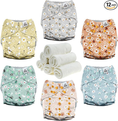 Mama Koala 3.0 Pocket Cloth Diapers for Babies with AWJ Lining, 6 Pack with 6 4-Layer Natural Cloth Diaper Inserts - Reusable and Washable Pocket Diapers(Garden Beetles)