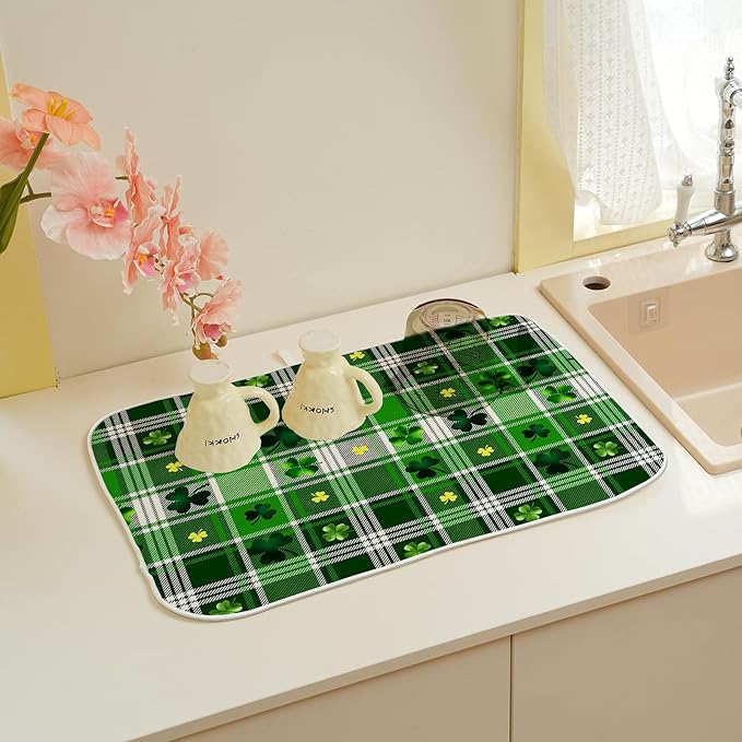 St Patricks Day Dish Drying Mat 18x24 Inch Green Lucky Shamrock Buffalo Plaid Drying Mat Checkered Spring Holiday Absorbent Dish Drying Pad Dish Rack Drainer Mats for Kitchen Dining Counter