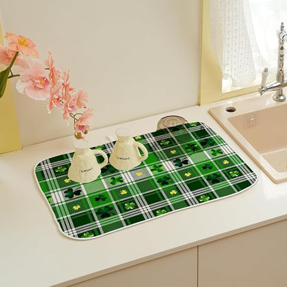 St Patricks Day Dish Drying Mat 18x24 Inch Green Lucky Shamrock Buffalo Plaid Drying Mat Checkered Spring Holiday Absorbent Dish Drying Pad Dish Rack Drainer Mats for Kitchen Dining Counter