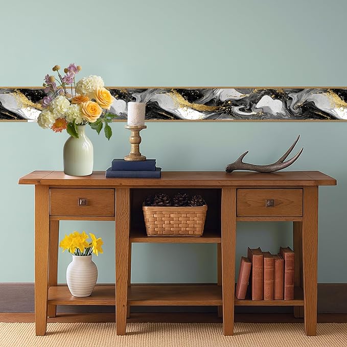 Marble Wave Wallpaper Border 196x4 Inch Peel and Stick Wall Border Black White Gold Pattern Removable Vinyl Wall Trim Kitchen Bathroom Living Room Home Decor