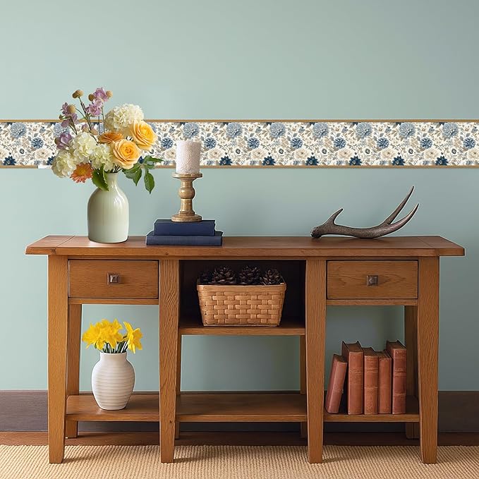 Blue Floral Wallpaper Border 196x4 Inch Peel and Stick Removable Vinyl Wall Border Elegant Blue and Beige Flower Wall Trim for Kitchen Bathroom Bedroom Living Room Home Decor