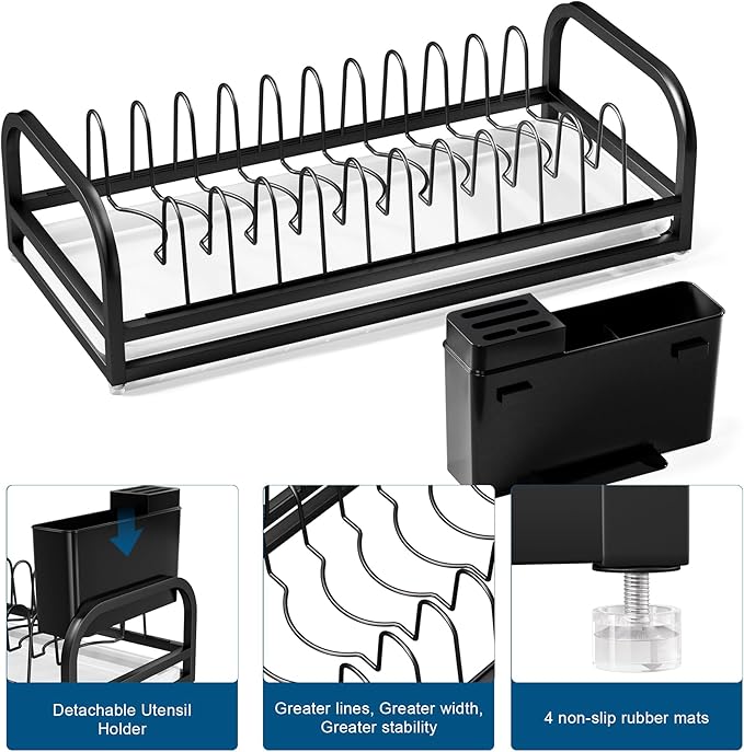 Black Dish Drying Rack Small for Kitchen Counter, 304 Stainless Steel Dish Rack w Tray & Cutlery Holder, Narrow Dish Drainer for Pots & Pans, Cutting Boards, Plates & Lids