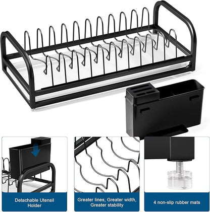 Black Dish Drying Rack Small for Kitchen Counter, 304 Stainless Steel Dish Rack w Tray & Cutlery Holder, Narrow Dish Drainer for Pots & Pans, Cutting Boards, Plates & Lids