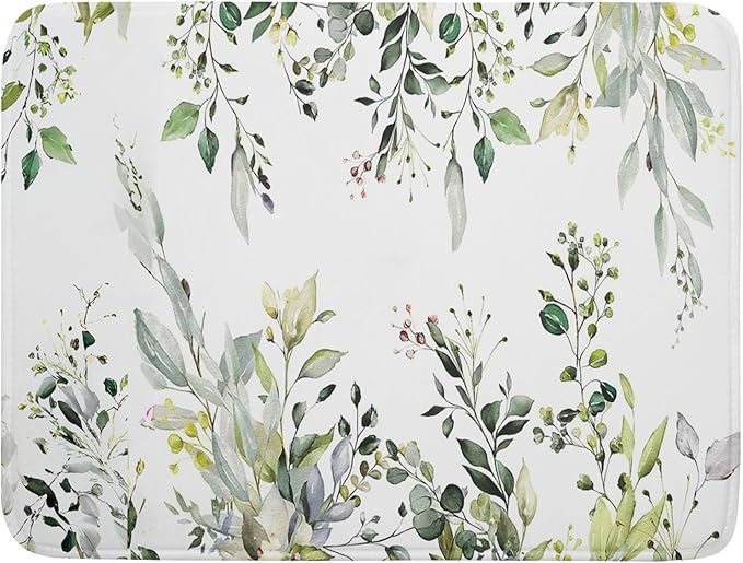 Green Eucalyptus Sage Leaves Dish Drying Mat 18 x 24 Inch With Absorbent Reversible Microfiber Plant Leaf Floral Spring Summer Drying Mats Fast Dry Pad Draining Mat For Kitchen Countertop