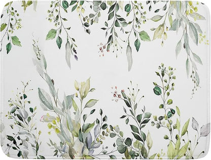 Green Eucalyptus Sage Leaves Dish Drying Mat 18 x 24 Inch With Absorbent Reversible Microfiber Plant Leaf Floral Spring Summer Drying Mats Fast Dry Pad Draining Mat For Kitchen Countertop