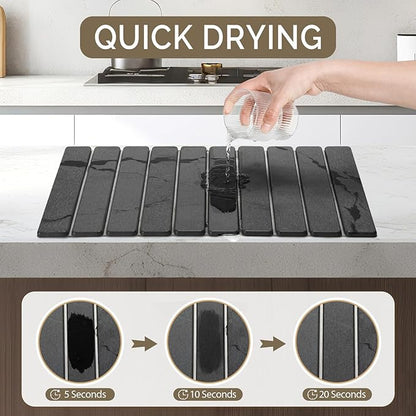 Large Stone Dish Drying Mat for Kitchen Counter, 2PCS Quick Dry Stone Dishes Mat,Foldable Water Absorbing Diatomaceous Drying Organizer Pad for Plates Rack Bottles Utensils(Dark Gray 24"×16" & 8"x4")