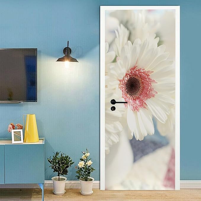A.Monamour 3D Door Stickers for Interior Doors White Gerbera Daisy Flower with Pink Center Vinyl Waterproof Self Adhesive Door Mural Decals for Bedroom Office Bathroom 85x215cm