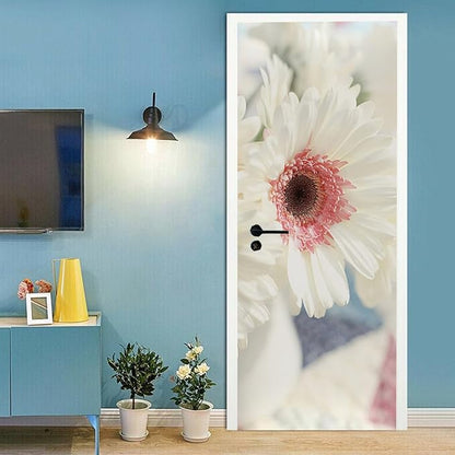 A.Monamour 3D Door Stickers for Interior Doors White Gerbera Daisy Flower with Pink Center Vinyl Waterproof Self Adhesive Door Mural Decals for Bedroom Office Bathroom 85x215cm