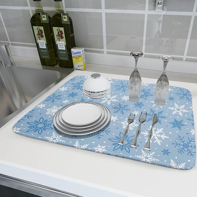 Winter Dish Drying Mat for Kitchen Counter 18x24 Blue White Snowflake Holiday Theme Seasonal Absorbent Reversible Microfiber Drying Mats Kitchen Countertop Protector Dishes Drainer Pad