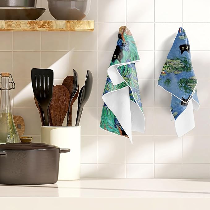 Black Cat Kitchen Towels, 4PCS Oil Painting Dish Towels for Cooking Cleaning, Absorbent Aesthetic Decorative Tea Towel with Hanging Loop for Home Kitchen(16 X 24 Inches)