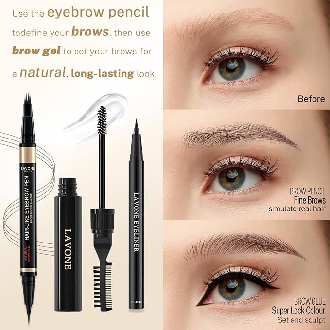 LAVONE Eyebrow Pencil Kit with Microblading Pen, Clear Gel, Eyeliner, Dual-ended Brush, Waterproof, Smudge Proof, Long Lasting Makeup Formula, Eyebrow Pencils for Women - Soft Brown