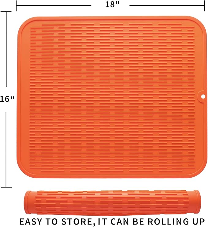 MicoYang Silicone Dish Drying Mat for Multiple Usage,Easy clean,Eco-friendly,Heat-resistant Silicone Mat for Kitchen Counter or Sink,Refrigerator or Drawer Liner Orange XL 18 inches x 16 inches