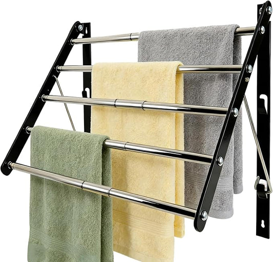 Wall Mounted Drying Rack for Laundry, 13”-23” Retractable Clothes Drying Rack, Drying Rack Clothing with 5 Smooth Round Stainless Steel Rods, Space Saving for Bathroom, Laundry Room, Apartments, Black
