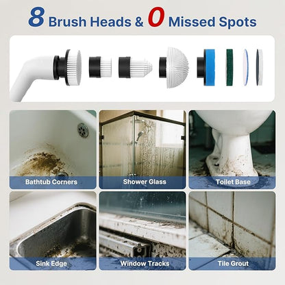 8 in 1 Electric Spin Scrubber for Cleaning Bathroom, 3000mAh Power Scrubber Cordless Cleaner with Long Handle, 3 Speeds Bathtub House Clean Brush Deep Cleaning for Tile, Shower, Wall, Floor