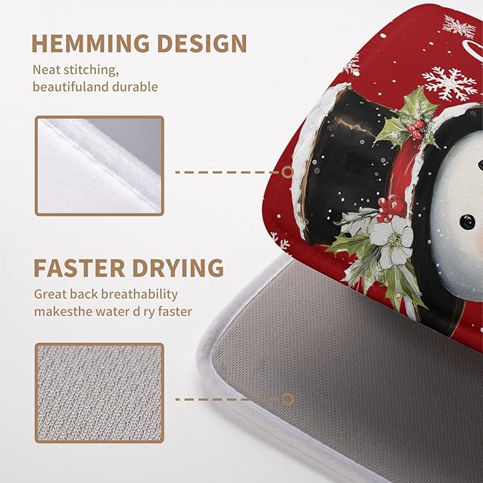 Snowman Christmas Dish Drying Mat Winter Drying Mats for Kitchen Counter Xmas Holiday Red Dish Draining Mat Microfiber Absorbent Reusable Dish Rack Pad 16x18 Inch