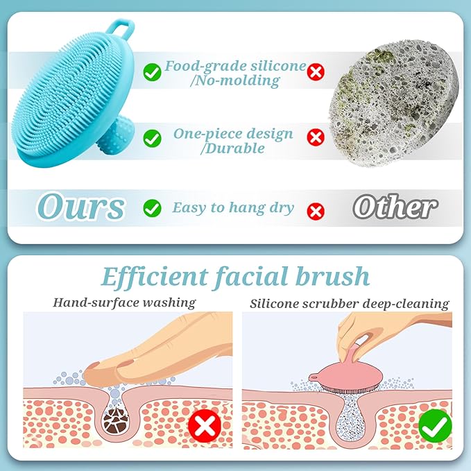Silicone Back/Face Scrubber & Soft Bath Glove 3PCS, 16''- 24'' Extendable Shower Back Scrubber, 360° Anti-Slip & Hand-fit Silicone Body Scrubber, Manual Face Brush for All-Round Cleaning(Blue)
