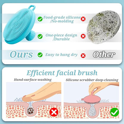 Silicone Back/Face Scrubber & Soft Bath Glove 3PCS, 16''- 24'' Extendable Shower Back Scrubber, 360° Anti-Slip & Hand-fit Silicone Body Scrubber, Manual Face Brush for All-Round Cleaning(Blue)