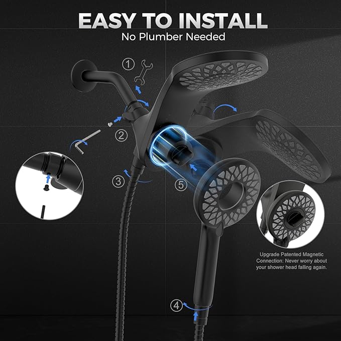 High Pressure Rain Shower Head with Handheld Spray Combo: Detachable Dual Shower Head with 10 Sprays Modes - Upgrade Knob Spray Mode Selector and Magnetic Guidance Docking System