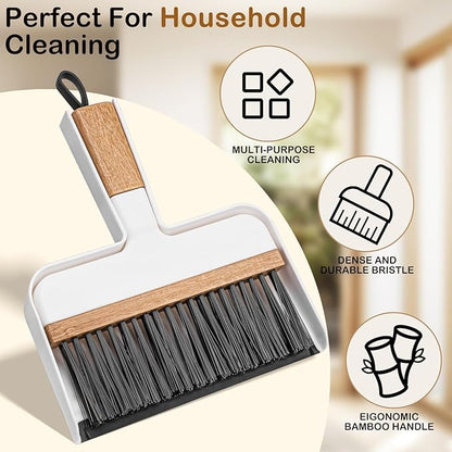 THINKLEARN Mini Dustpan and Brush Set, Portable Broom and Dustpan Combo Set with Bamboo Handle and Soft Rubber Lip, Compact Cleaning Tool for Kids, Car, Desk, Pet, Camping