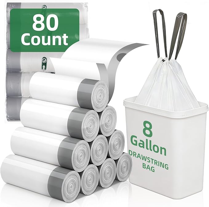 80 Counts 8 Gallon Trash Bag Drawstring Small Trash Bags, Thick Pre-separated Garbage Bags, Trash Bin Liners, Suitable for bathroom, kitchen, bedroom, office (White)