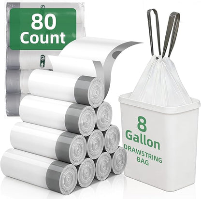 80 Counts 8 Gallon Trash Bag Drawstring Small Trash Bags, Thick Pre-separated Garbage Bags, Trash Bin Liners, Suitable for bathroom, kitchen, bedroom, office (White)