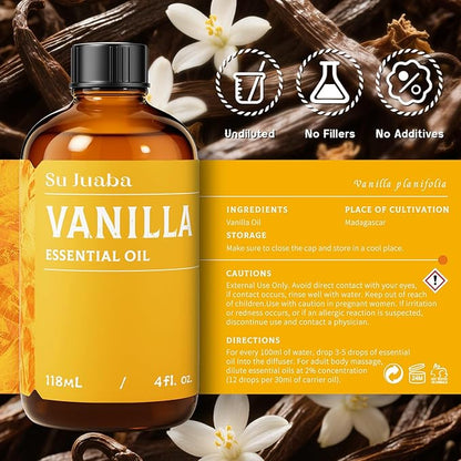 SU JUABA Vanilla Essential Oil 4 Fl Oz, 100% Natural Aromatherapy Oil for Diffuser, Skin,Fragrance Candle,Soap Making - 118ML
