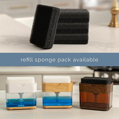S&T INC. Dish Soap Dispenser and Sponge Holder for Kitchen Sink, Waterproof Labels and Sponge Included, 13 Ounces, Plastic, Walnut and Amber
